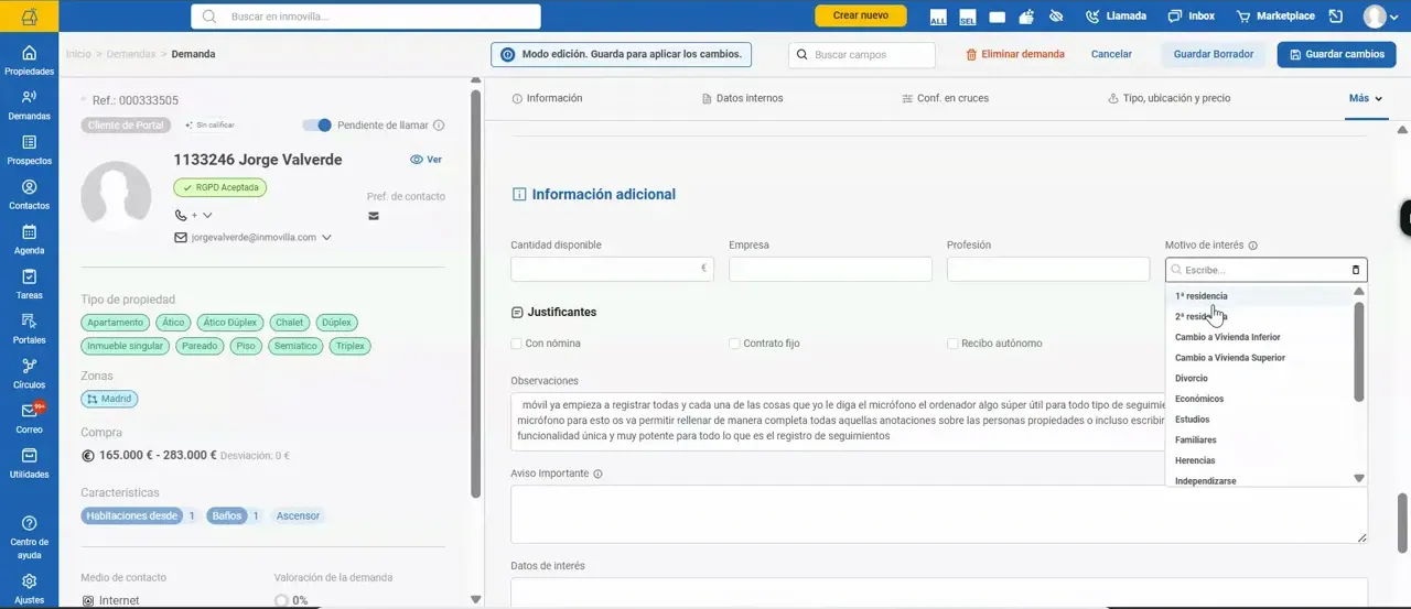 Ficha de demanda con menú desplegable de motivo de interés abierto