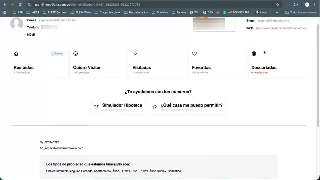 Panel de Zona Cliente con categorías de propiedades recibidas y acciones de interés