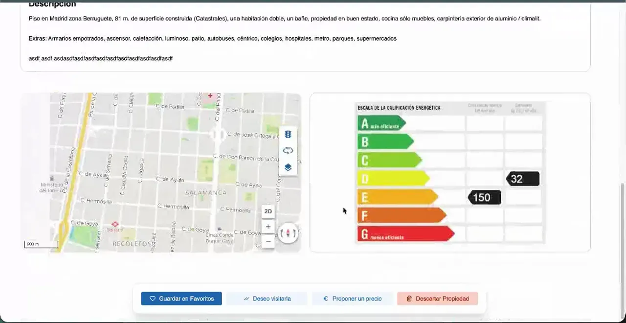 Ficha de propiedad con mapa de ubicación y certificado energético