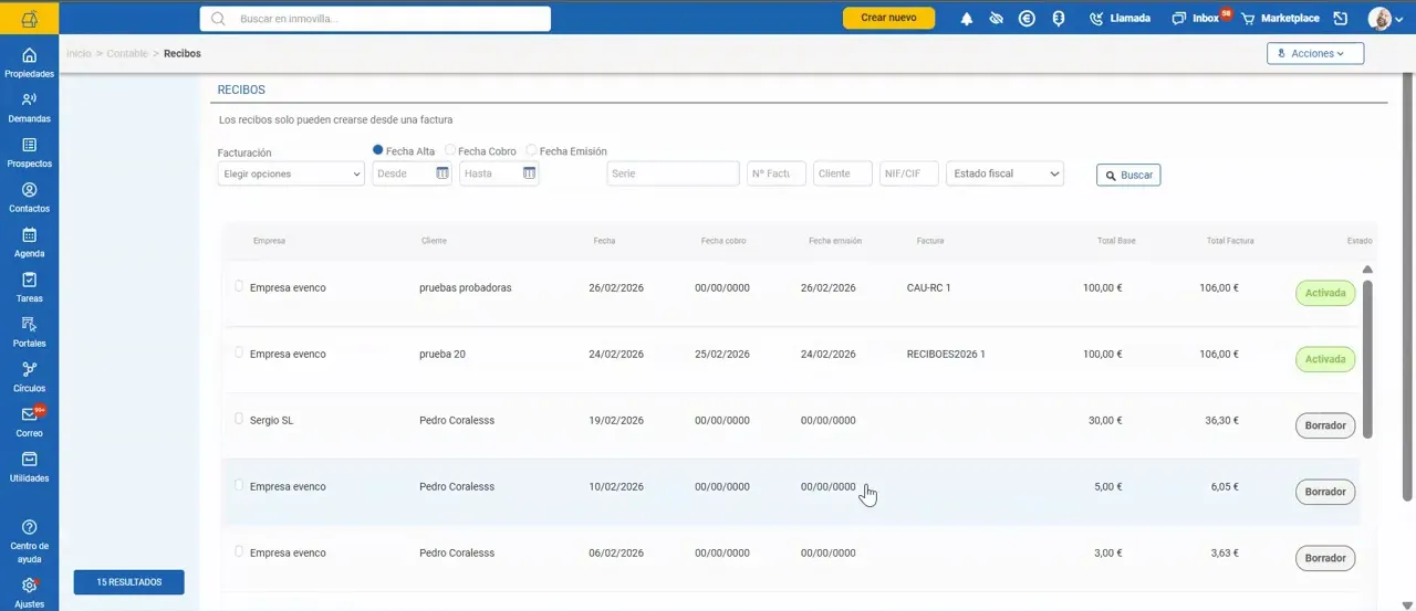 Listado de recibos en el área contable de Inmovilla con filtros en la parte superior