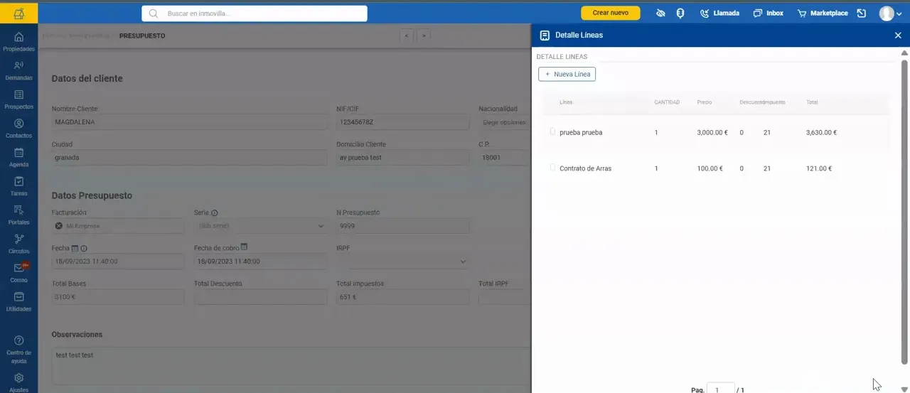 Panel lateral para consultar y gestionar líneas de una factura
