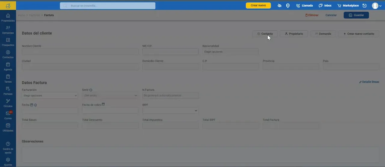 Ventana de búsqueda y selección de contactos en Inmovilla