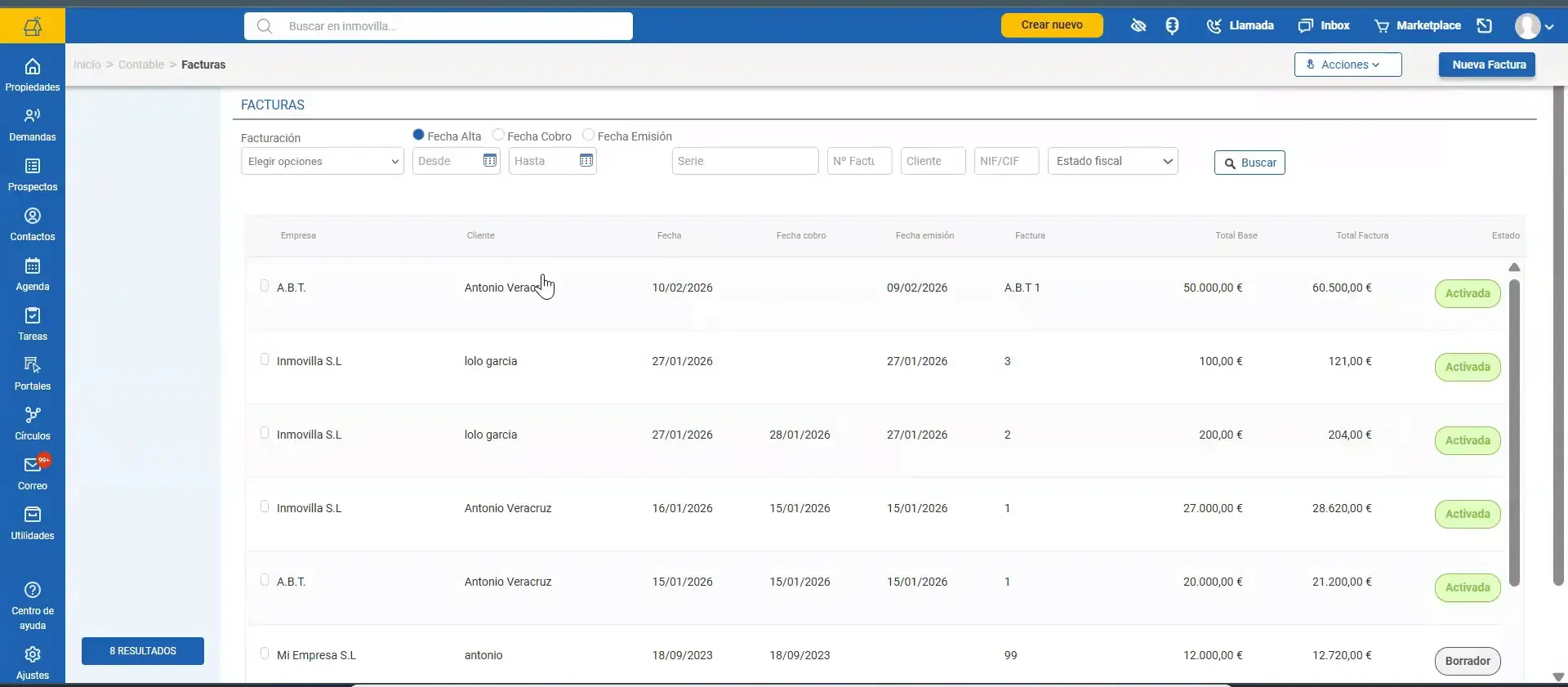 Listado de facturas con filtros en el módulo contable de Inmovilla