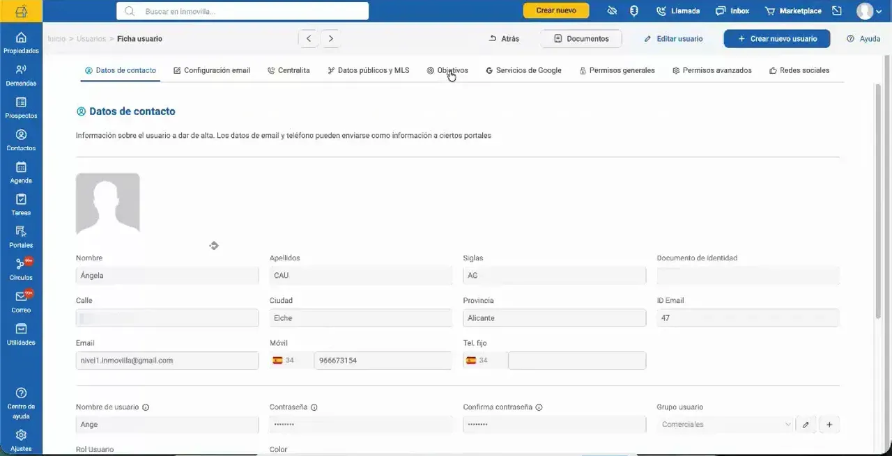 Ficha de usuario de Inmovilla con pestañas de configuración en la parte superior