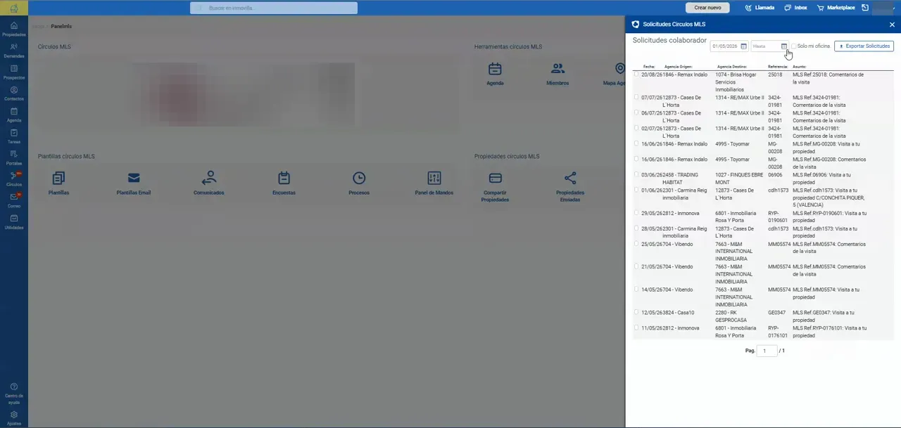 Panel de Inmovilla con una ventana lateral que muestra un listado de solicitudes