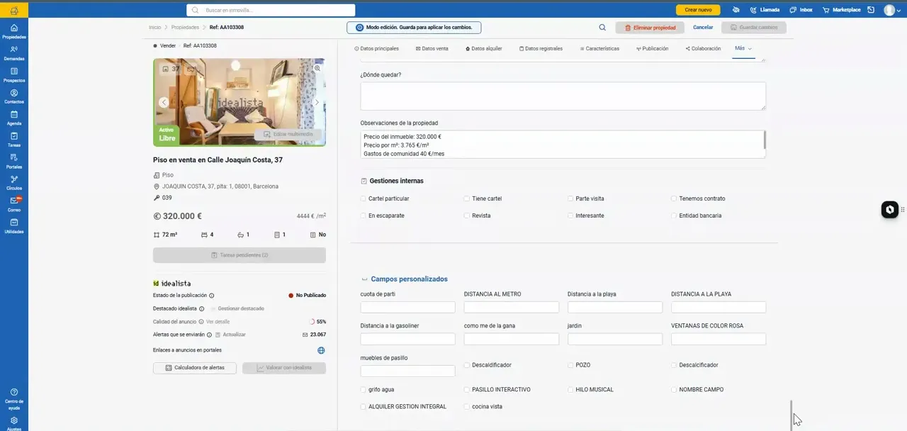 Internal management section and classification options in a property sheet