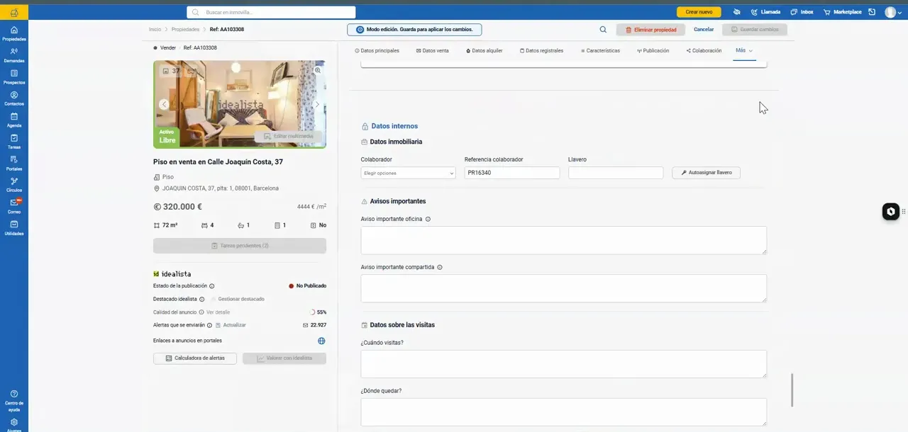 Formulario de datos internos abierto dentro de una ficha de propiedad