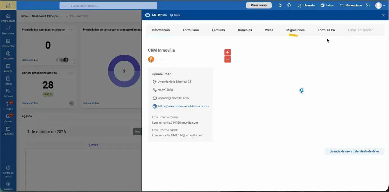 Panel de Mi Oficina con pestañas superiores, datos de la agencia y un mapa