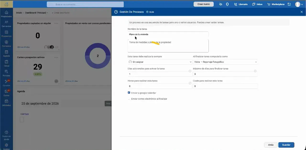Formulario de configuración de una tarea con campos de asignación, plazos y opciones adicionales