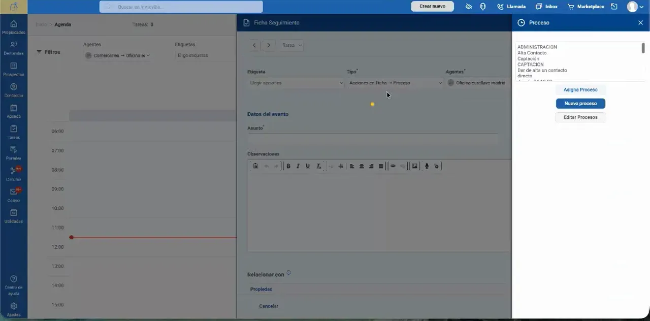 Panel lateral de Inmovilla para seleccionar un proceso al crear una tarea