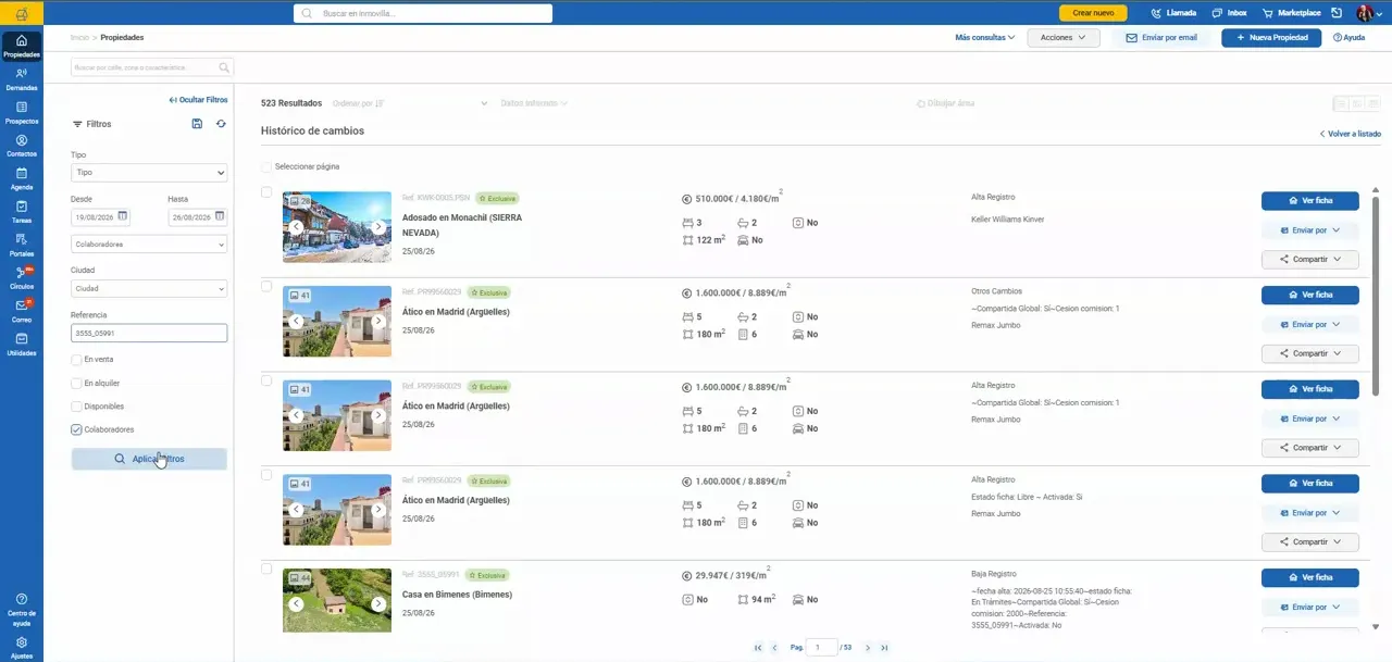 Listado de propiedades de Círculos MLS con panel de filtros a la izquierda