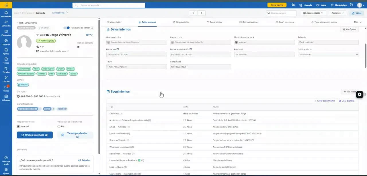 Ficha de una demanda en Immobilia con secciones de información interna