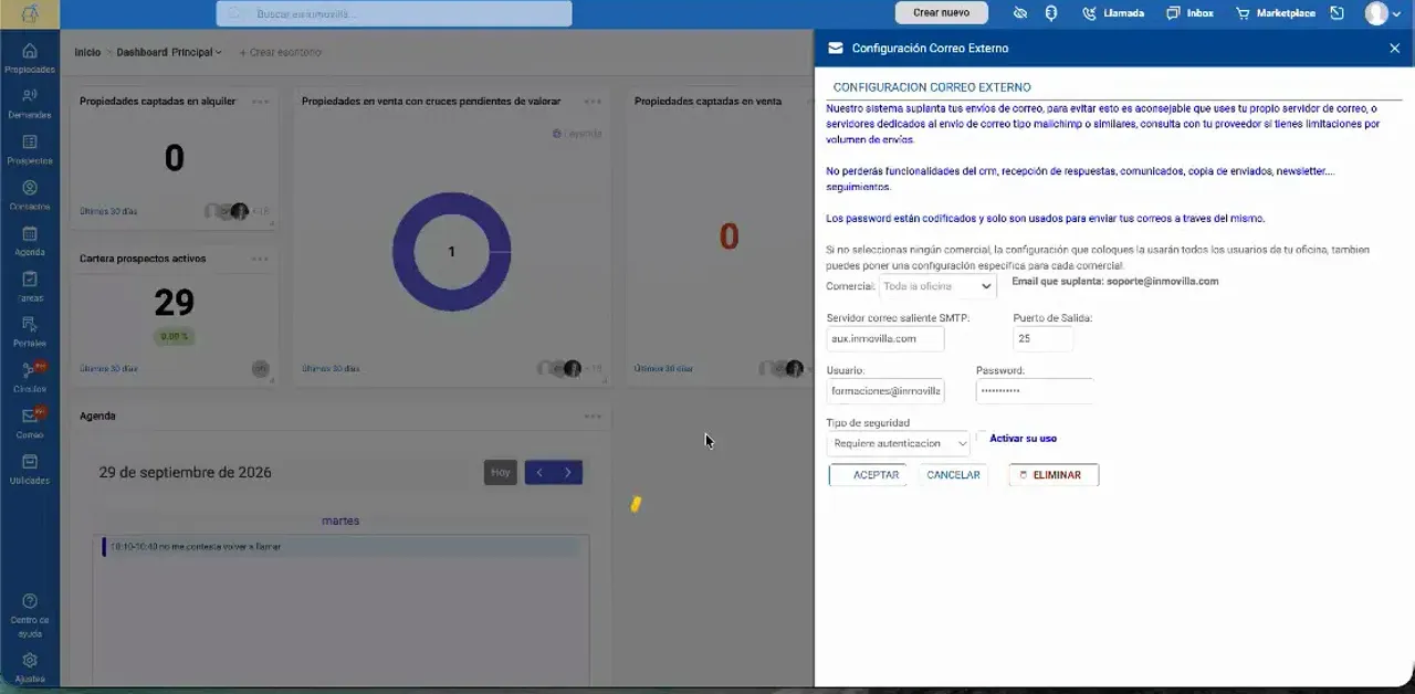 Panel de configuración SMTP de Inmovilla abierto sobre el CRM