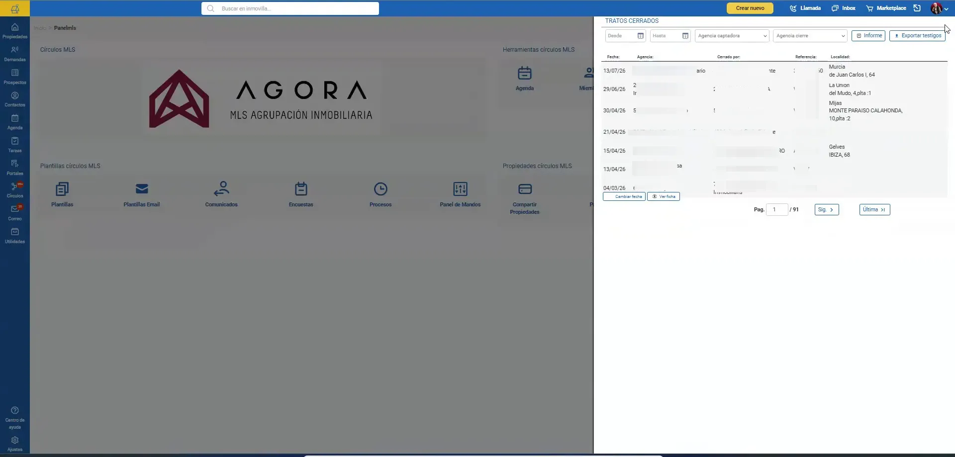 Tabla de operaciones con filas de datos y columnas en una aplicación inmobiliaria