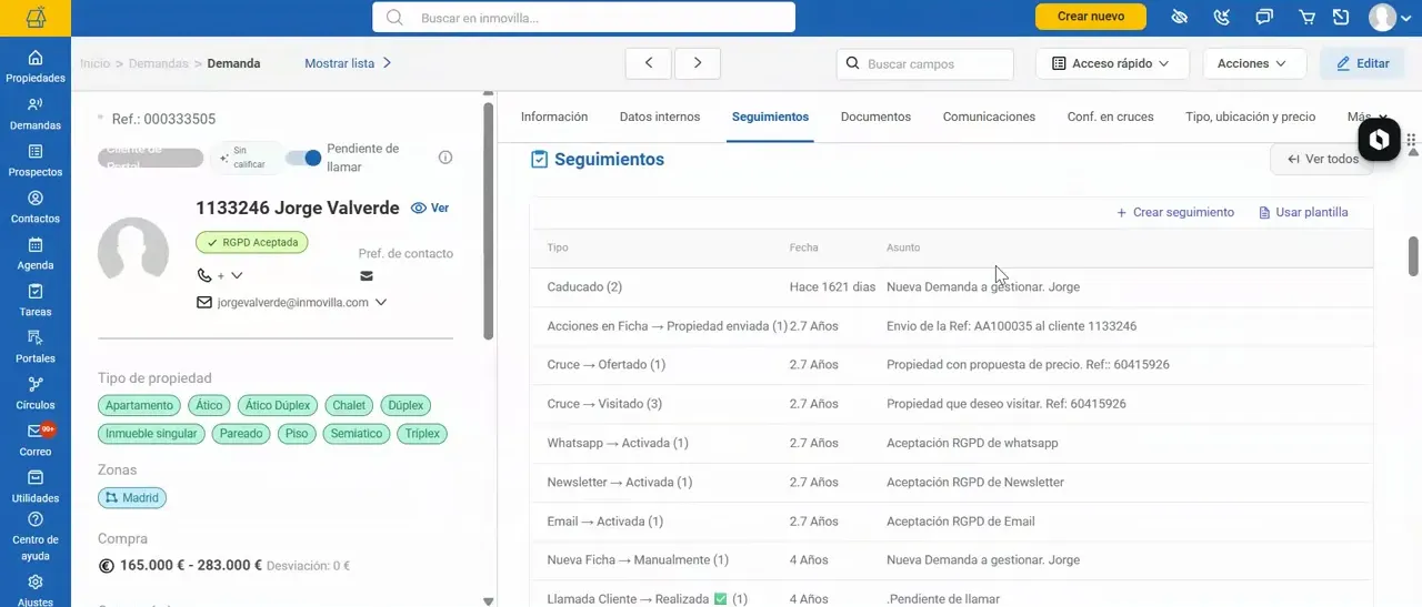 Ficha de demanda con la pestaña de seguimientos y un listado de registros