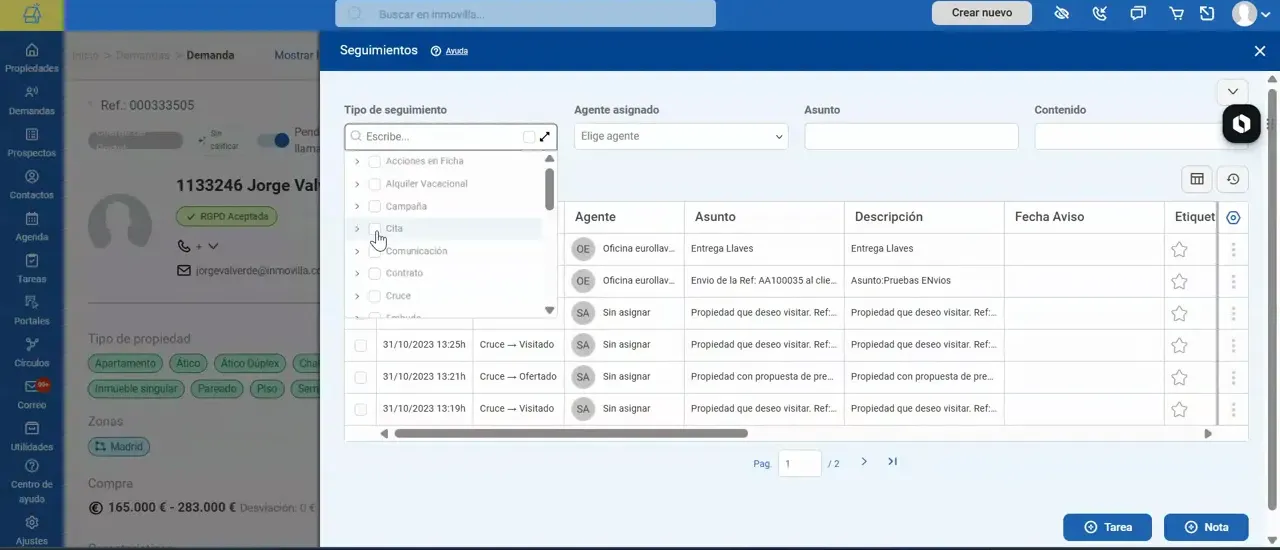 Ventana de filtros de seguimientos con un menú desplegable de tipos