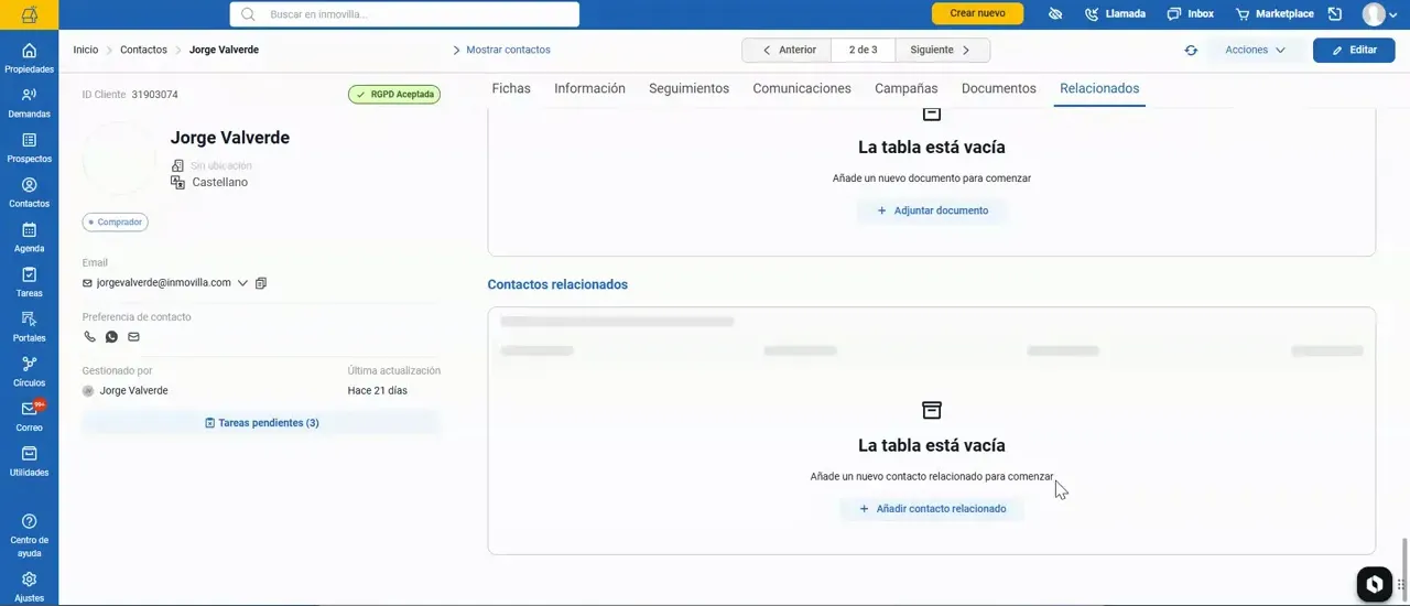 Ficha de contacto con la pestaña de relacionados y una sección de lista vacía