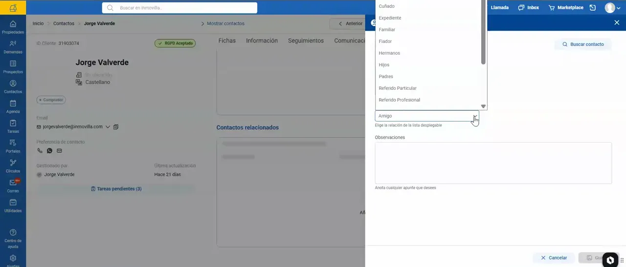 Panel lateral para crear una relación con el menú de tipo de relación desplegado