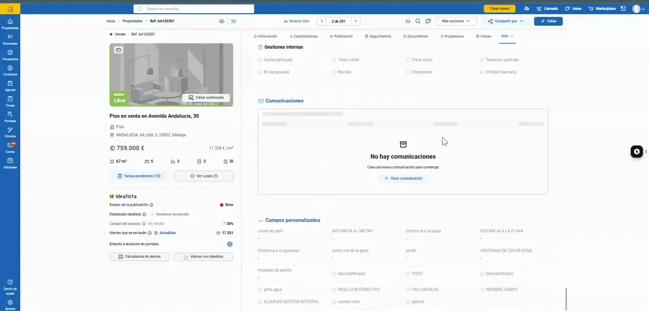 Ficha de propiedad con el área de comunicaciones vacía