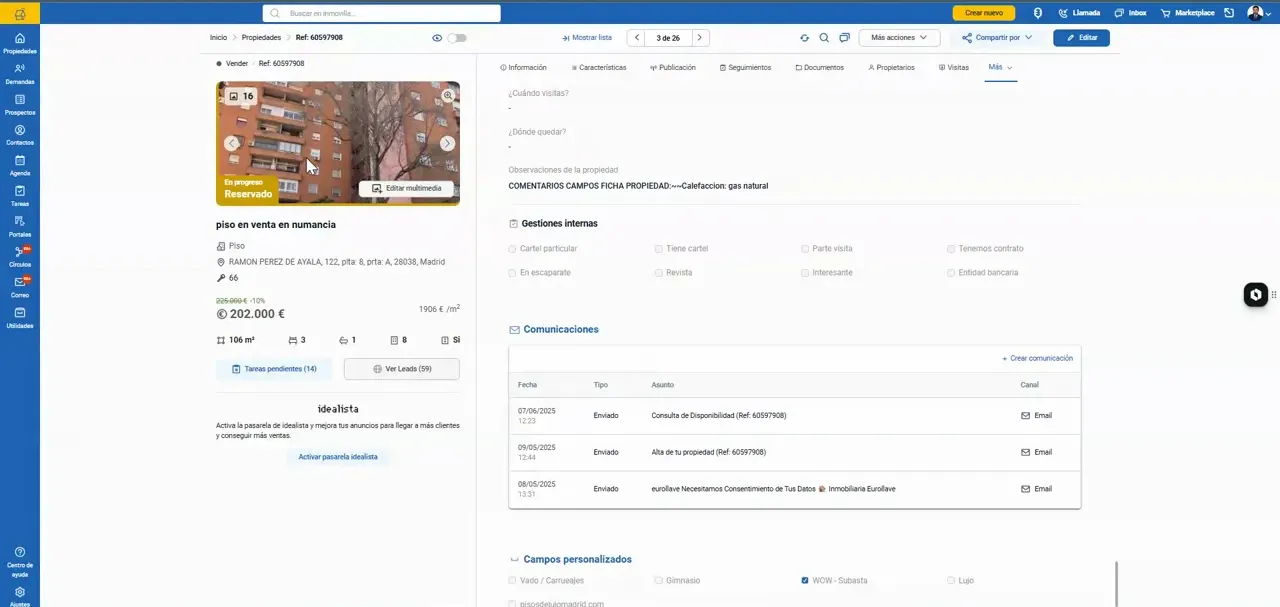 Ficha de propiedad con tabla de varias comunicaciones registradas