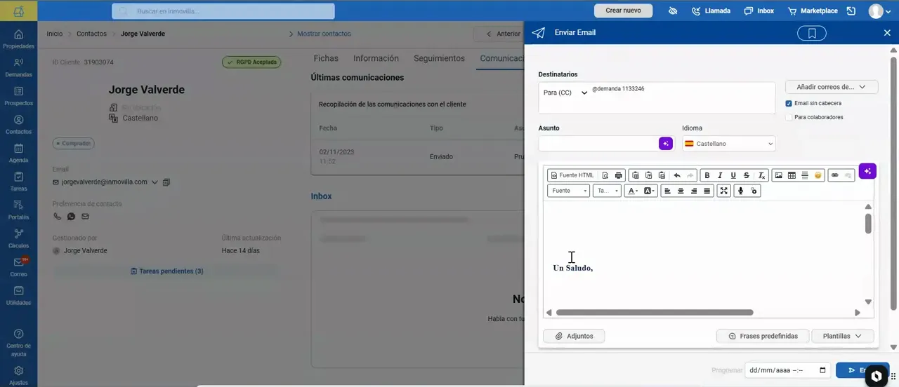 Ventana de redacción de correo en Immovilla abierta sobre la ficha de un contacto
