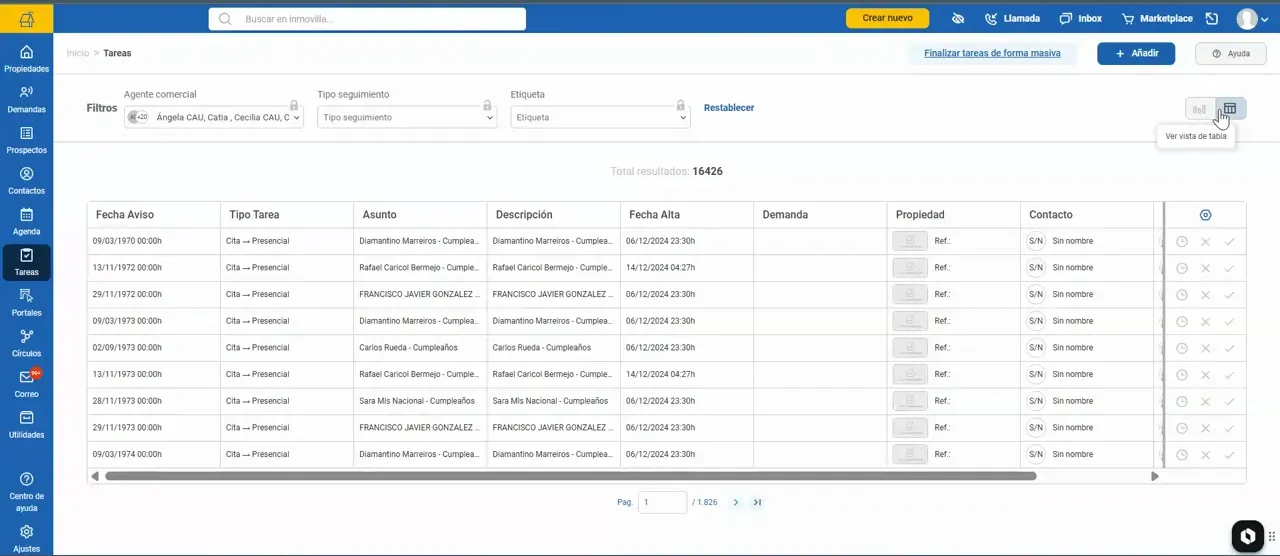 Vista de tabla con filas de tareas y columnas de información