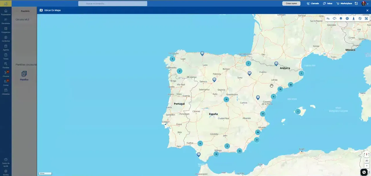 Mapa de España y Portugal con marcadores azules de agencias