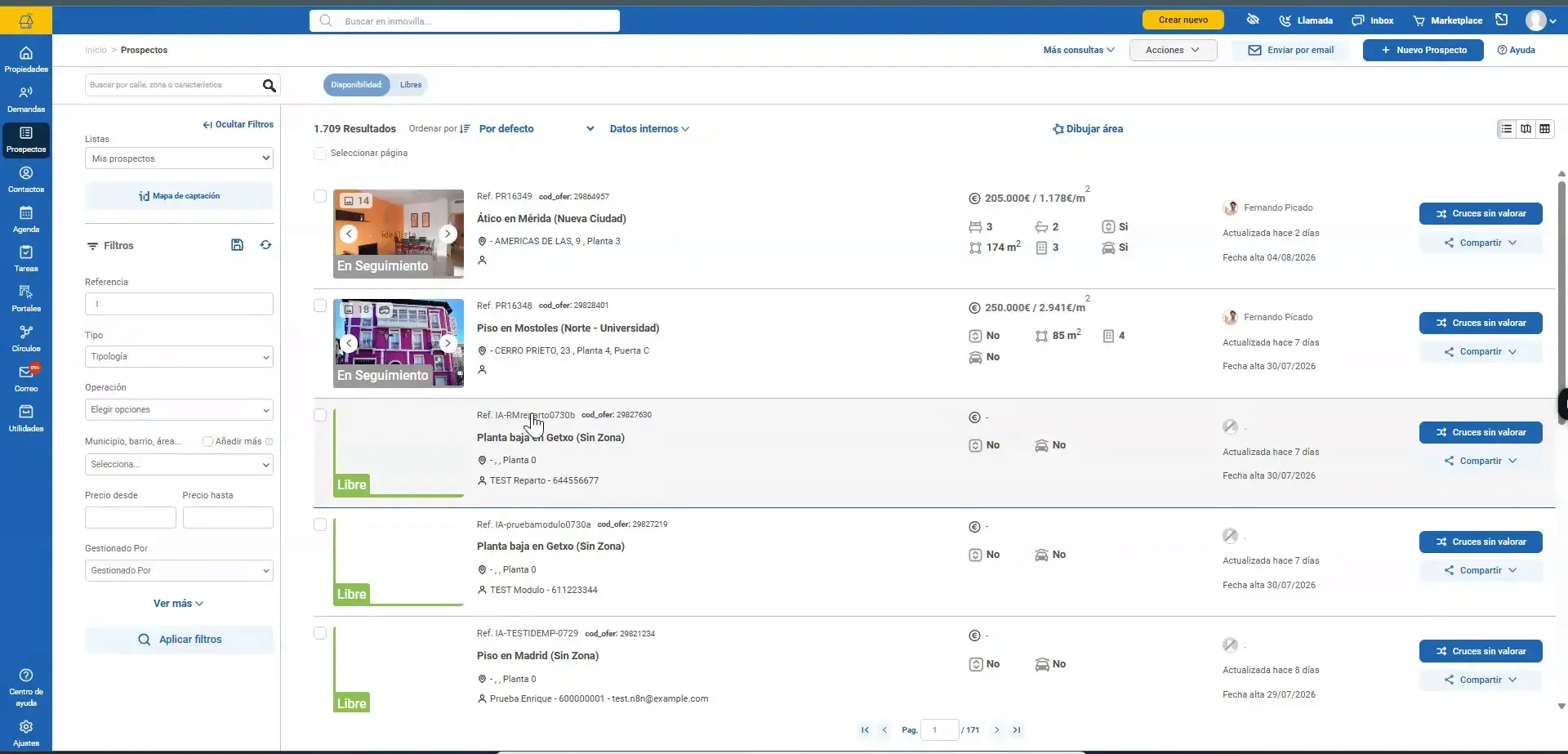 Listado de prospectos con fichas de propiedades