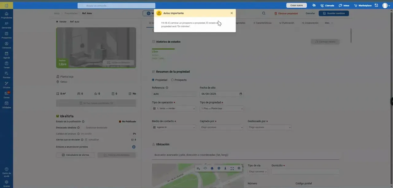 Aviso de confirmación al cambiar una ficha de prospecto a propiedad