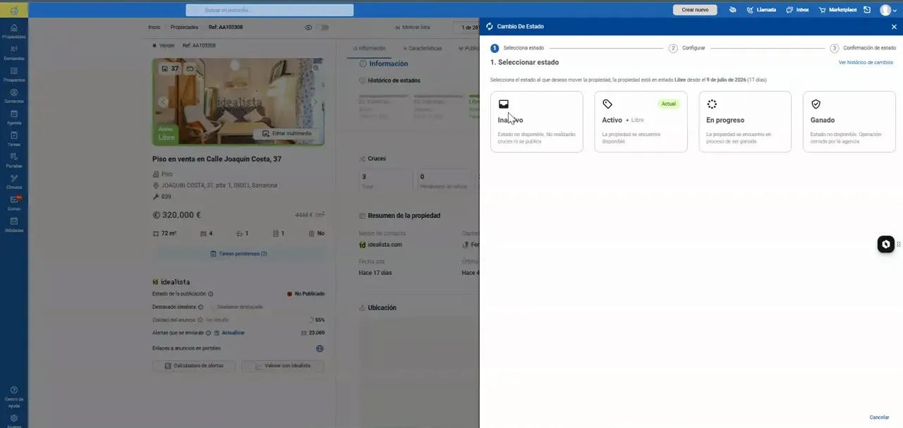 Ficha de propiedad con panel lateral para seleccionar un cambio de estado