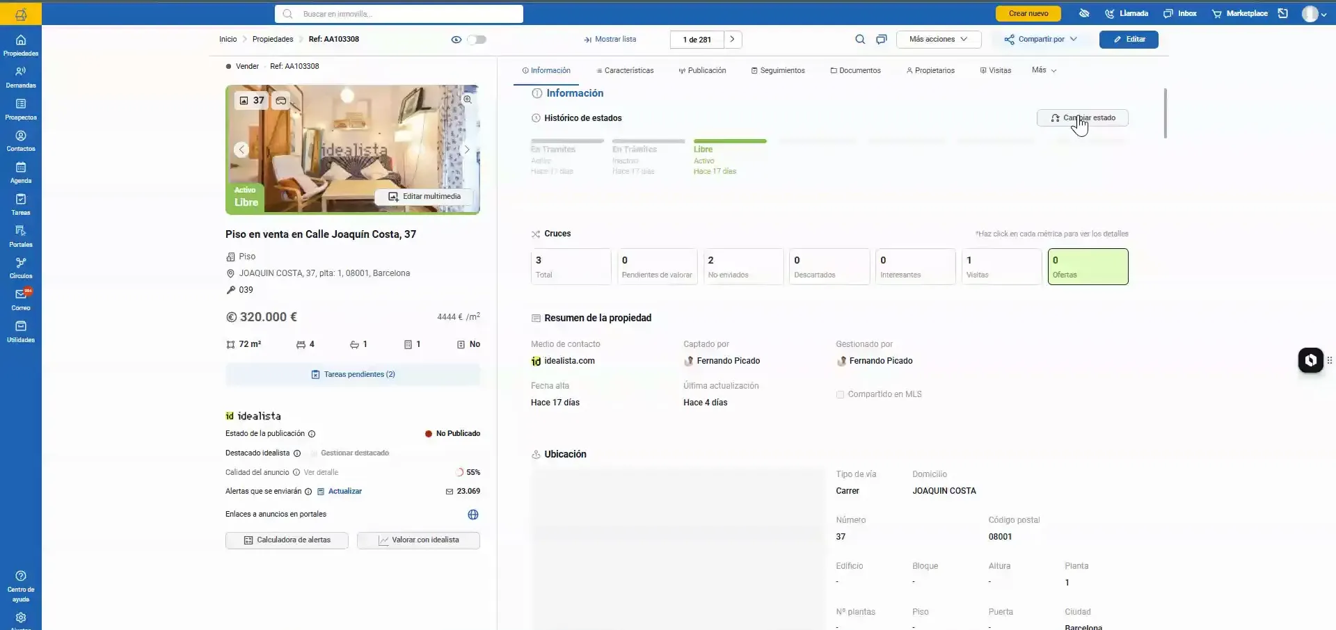 Ficha de propiedad con panel lateral para seleccionar un cambio de estado