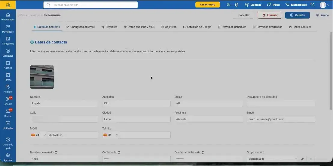 Ficha de usuario con fotografía cargada en Inmovilla