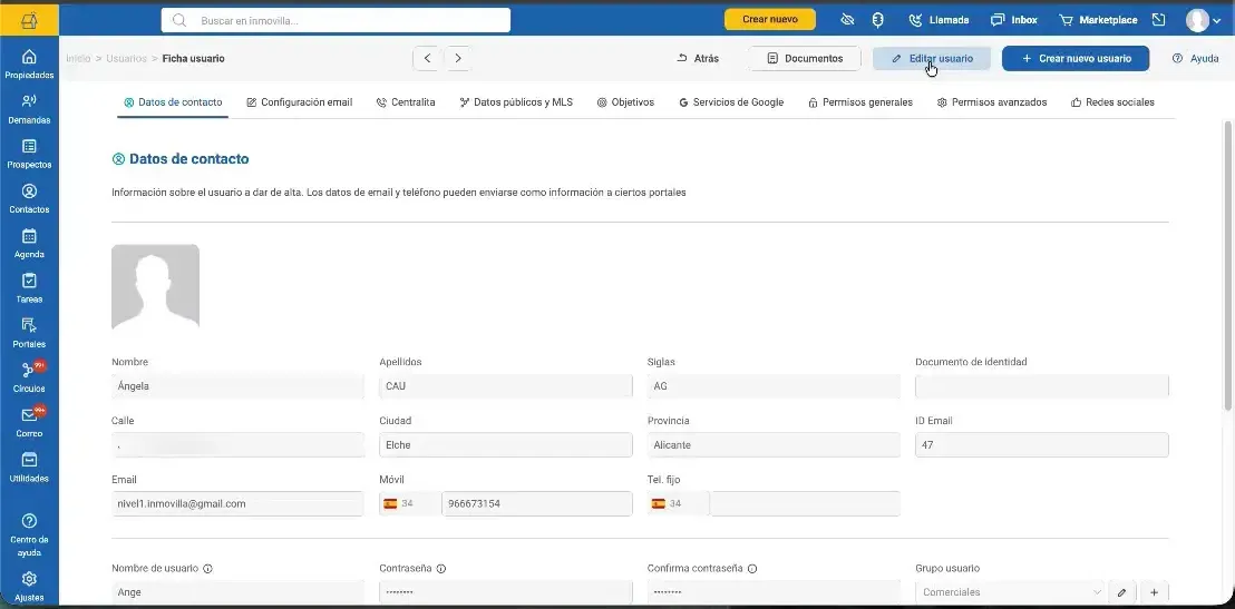 Listado de usuarios de una agencia en Inmovilla