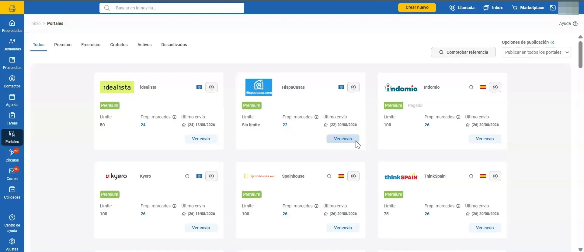 Panel de Inmovilla con tarjetas de distintos portales inmobiliarios
