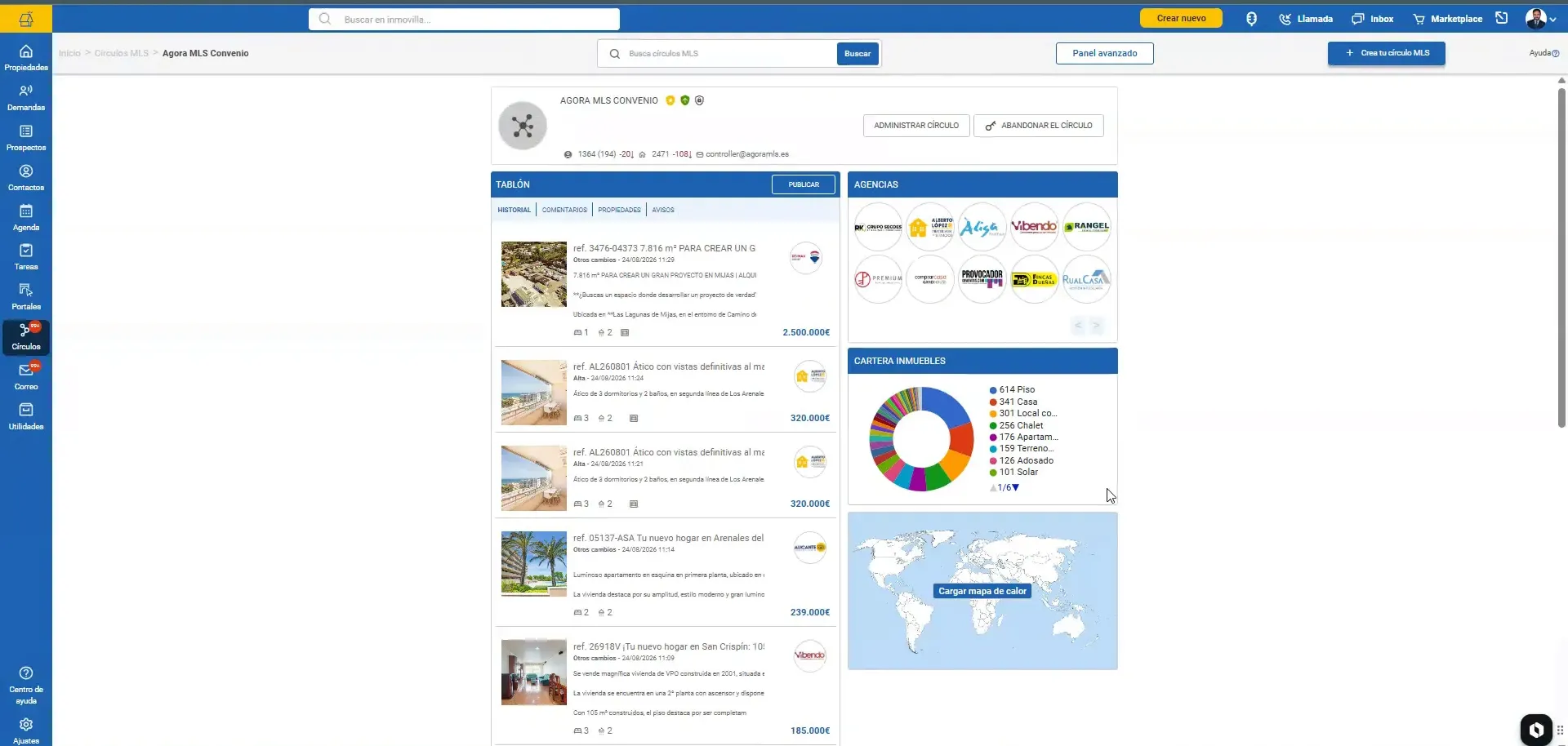 Panel de un círculo con listado de propiedades, gráfico circular y mapa
