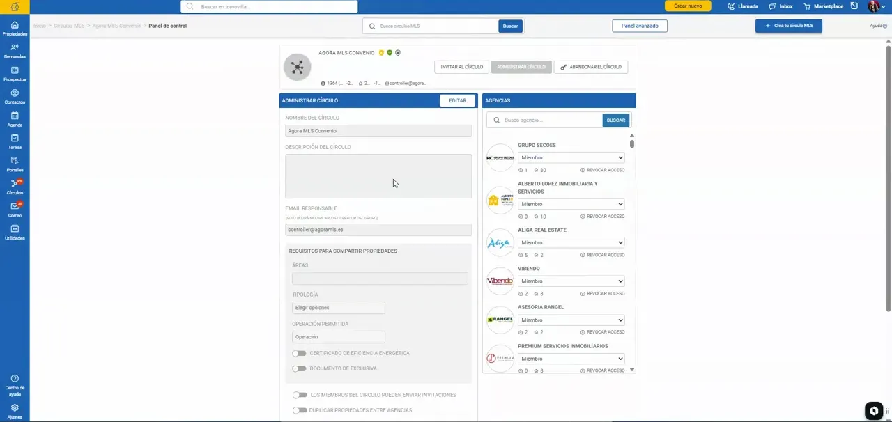 Pantalla de administración de un círculo con campos y opciones de configuración