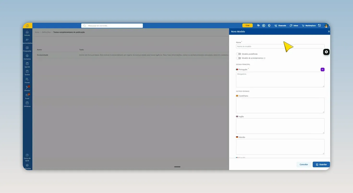 Painel lateral de criação de um novo modelo de texto complementar