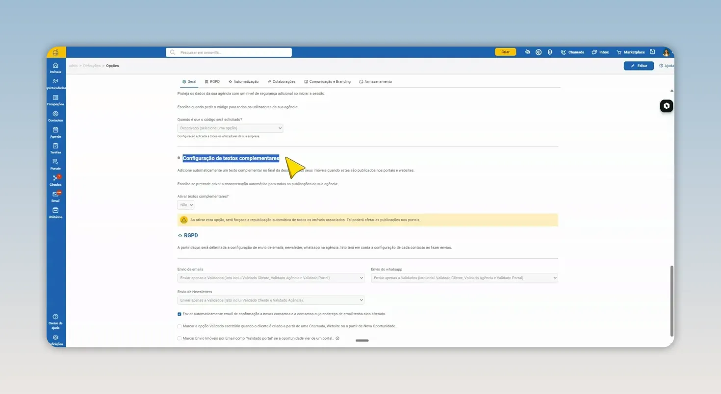 Página de opções gerais com configuração de textos complementares destacada