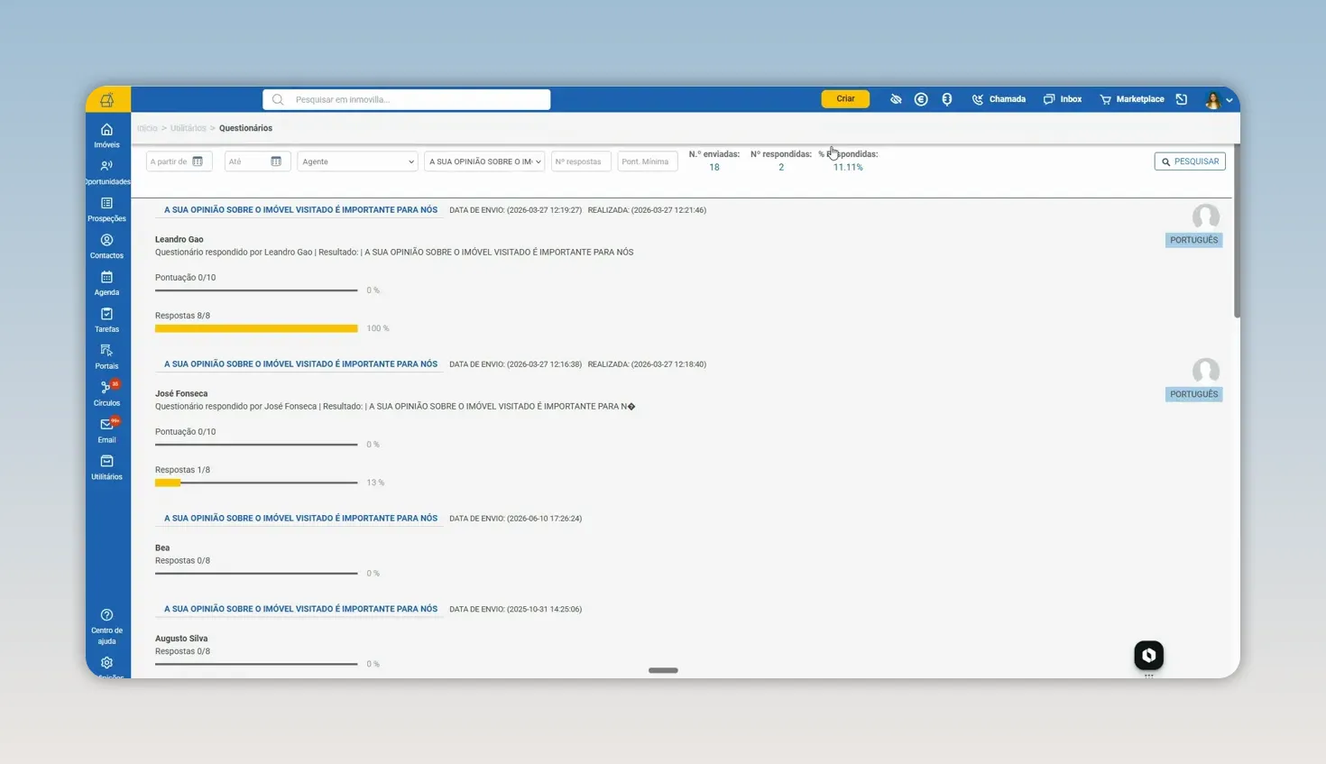 Página de consulta de questionários com filtros no topo e respostas apresentadas abaixo
