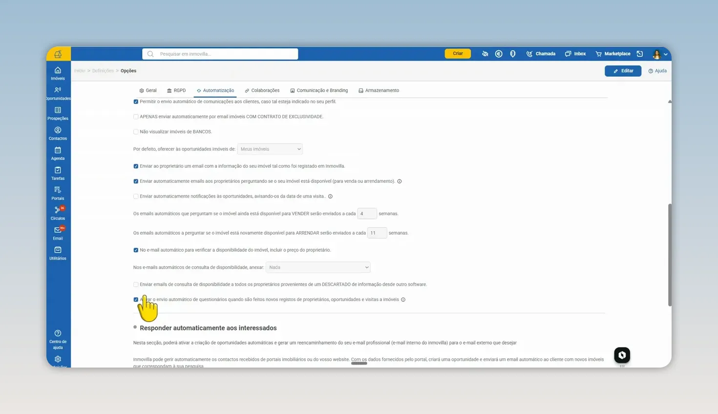 Página de opções de automatização com várias caixas de seleção