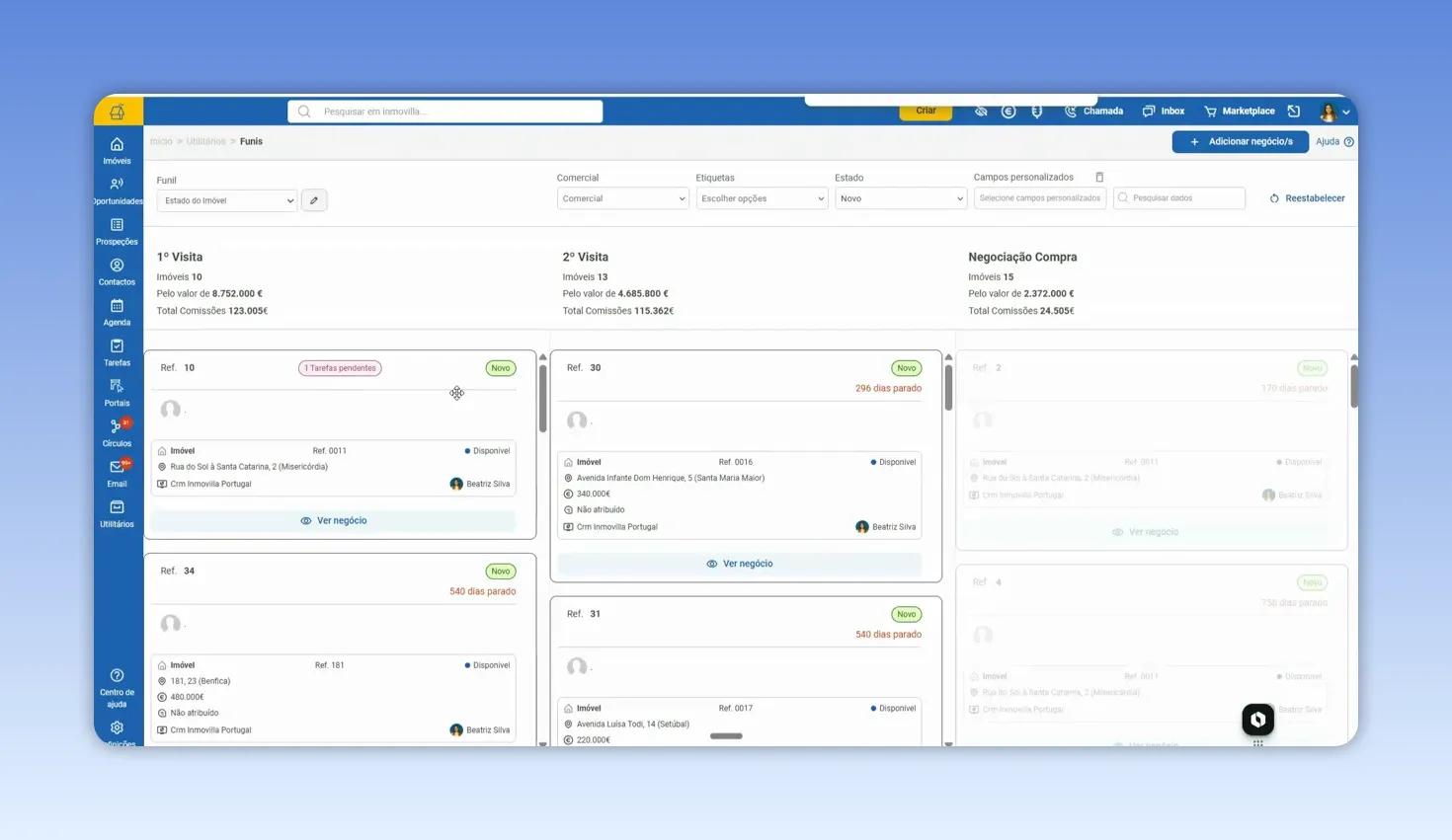 Quadro de funis com negócios distribuídos por colunas