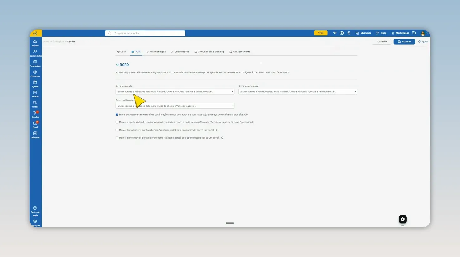 Página de definições RGPD com opções de envio de email e WhatsApp