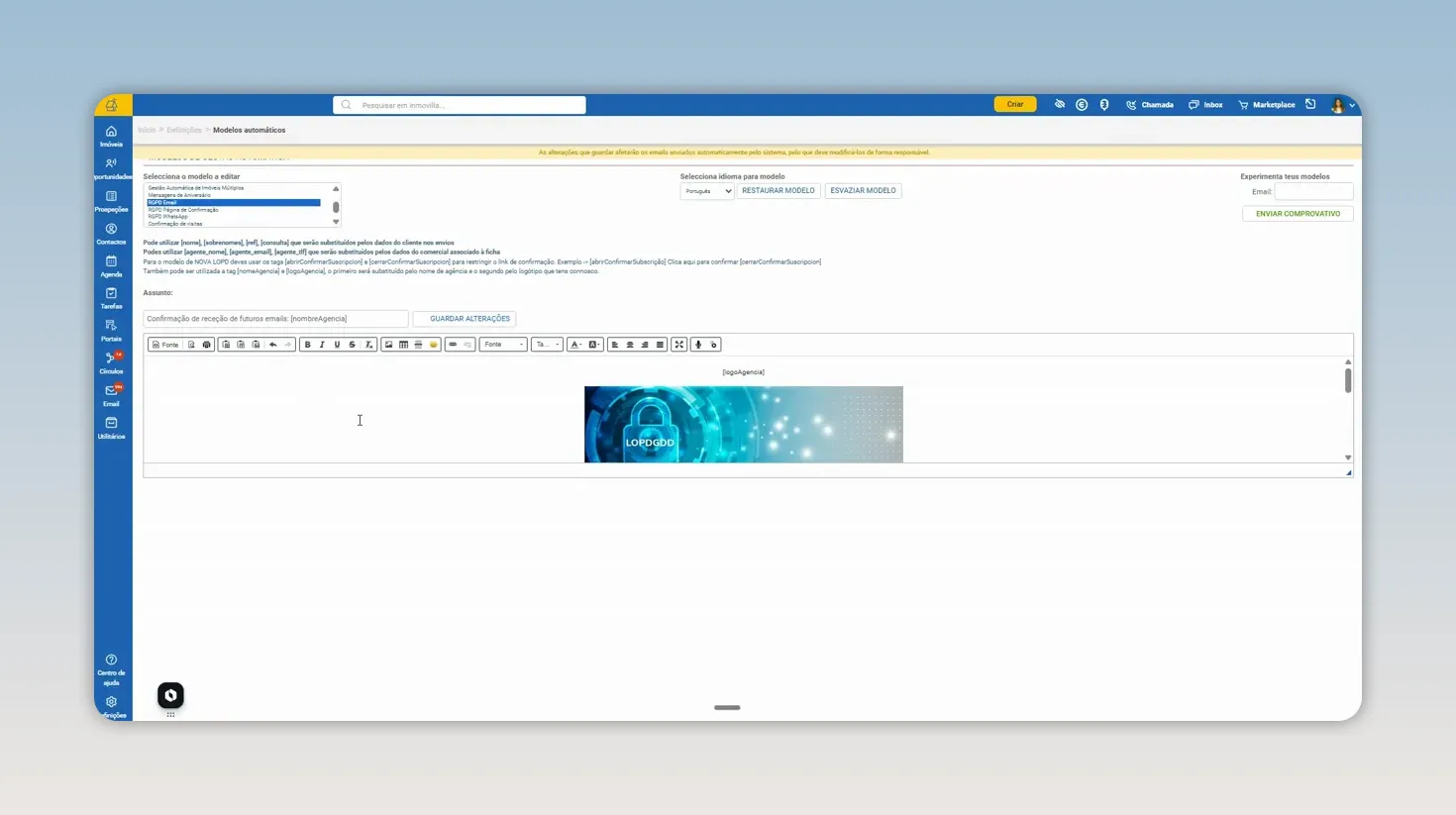 Editor do modelo automático de email RGPD com assunto, texto e imagem