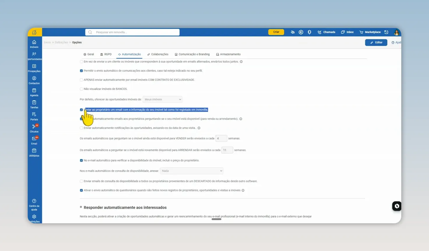 Página de opções de automatização com a opção de envio de informação do imóvel ao proprietário assinalada