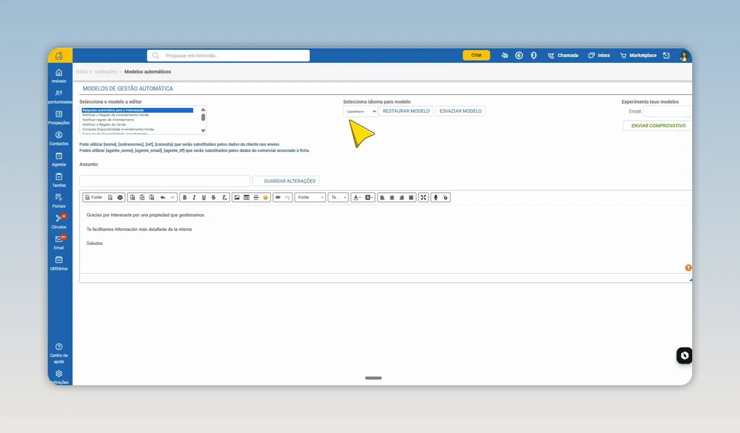 Editor de modelos automáticos com o menu de seleção de idioma aberto