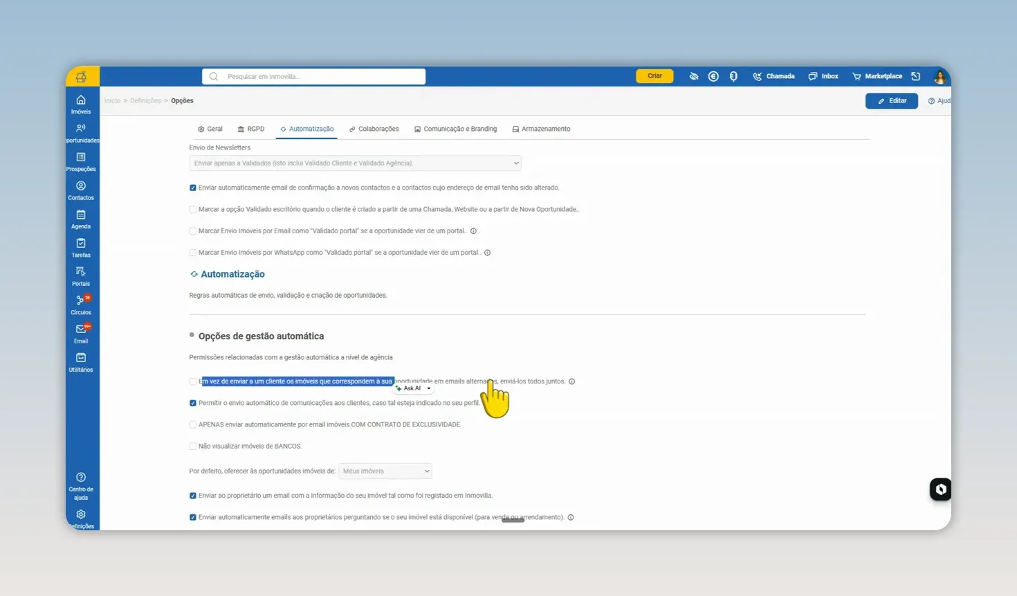 Página de opções de automatização com uma opção de envio de imóveis selecionada