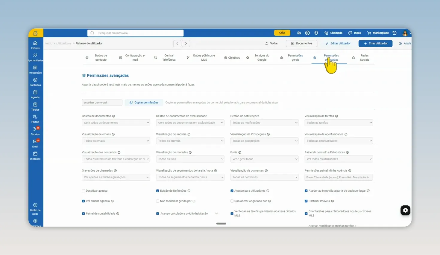 Separador de permissões avançadas com várias opções de configuração