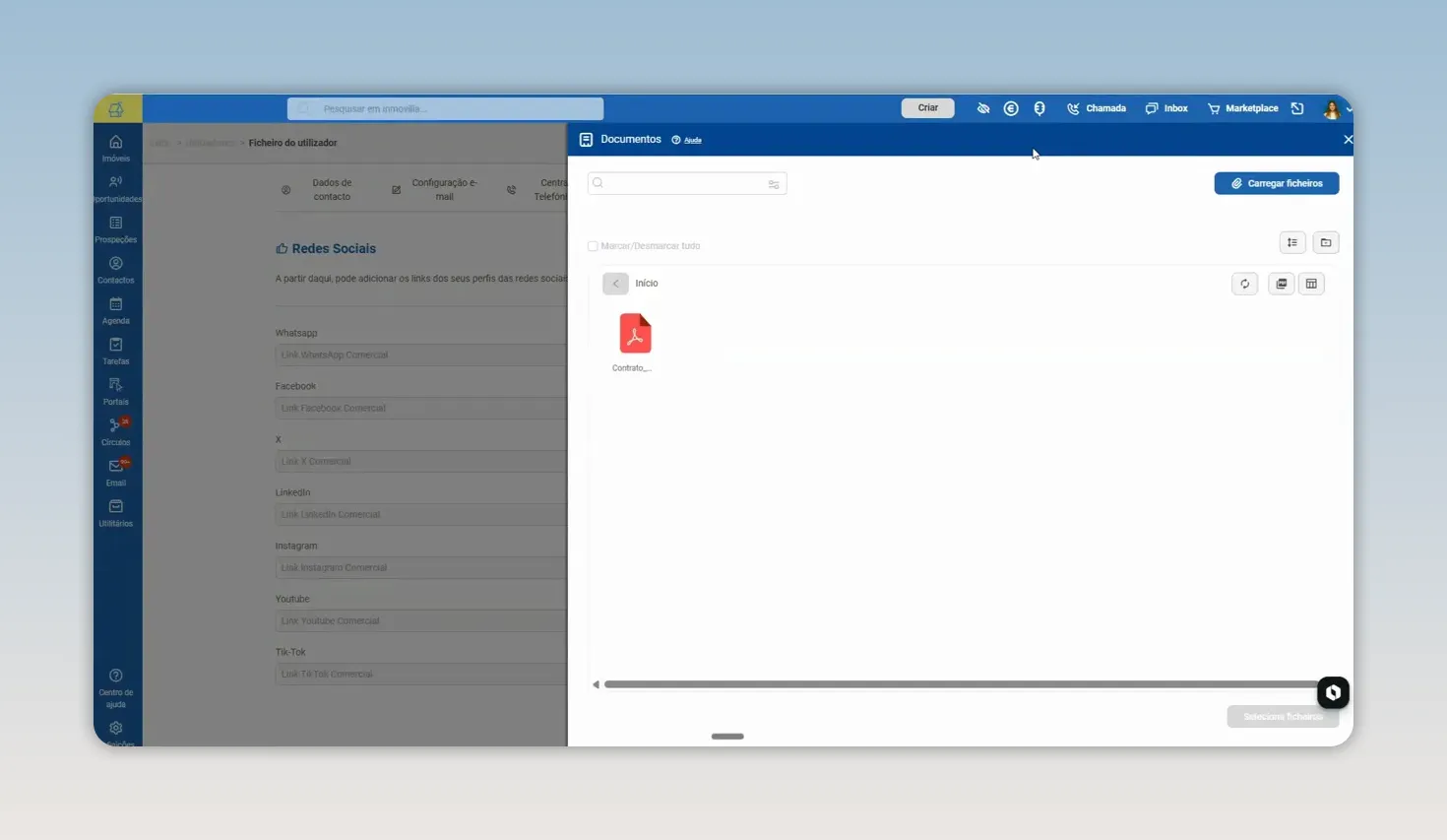 Painel de documentos do utilizador com um ficheiro apresentado