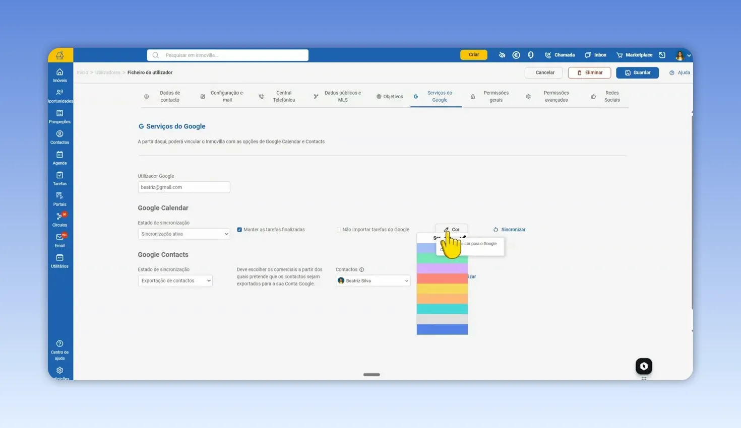 Secção de serviços do Google no Imovila com a paleta de cores da agenda aberta
