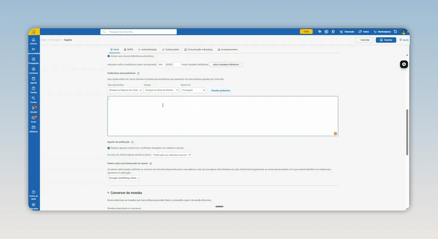 Formulário de parâmetros personalizáveis com campo de texto para documento